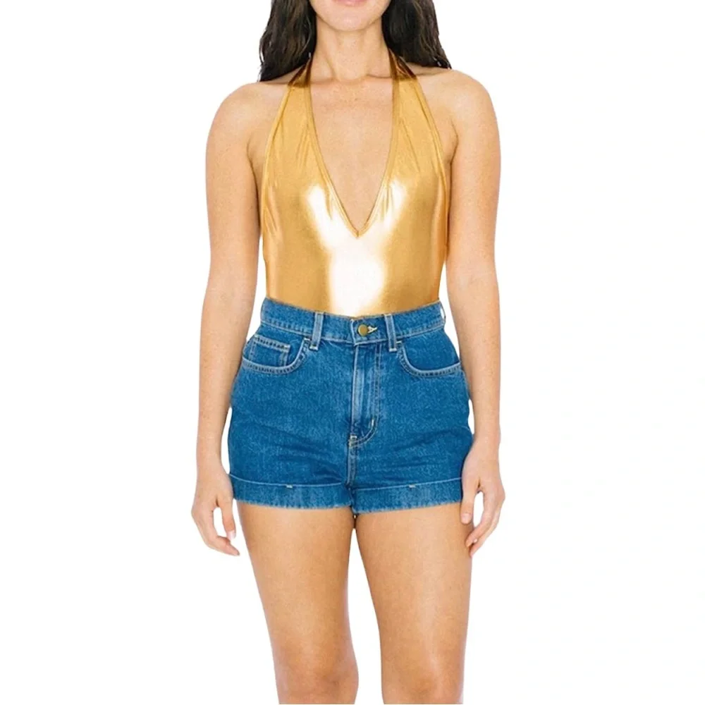 AMERICAN APPAREL Plunge Neck Backless Halter Leotard in Metallic Gold - Picture 9 of 10